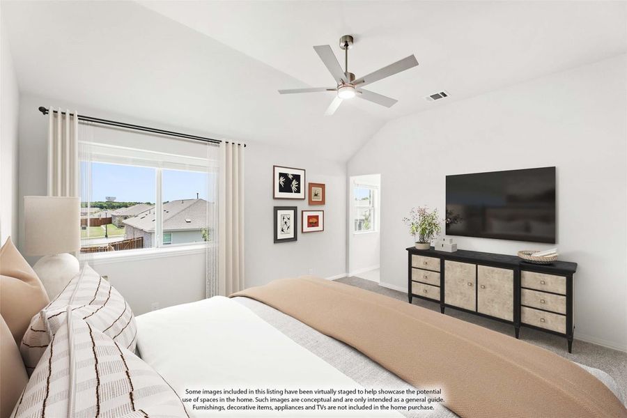 Bedroom with vaulted ceiling, ceiling fan, large window, and wall-mounted TV above a dresser