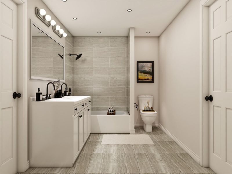 Another view of the primary bathroom. Example photo, virtually staged