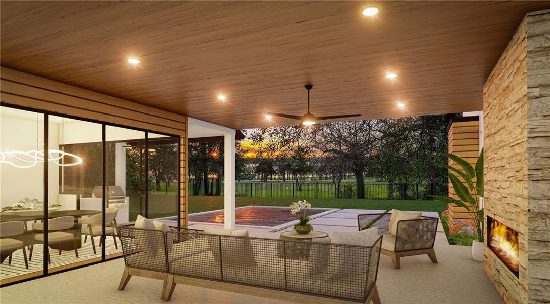 Patio terrace at dusk with an outdoor living space with a fireplace and a lawn