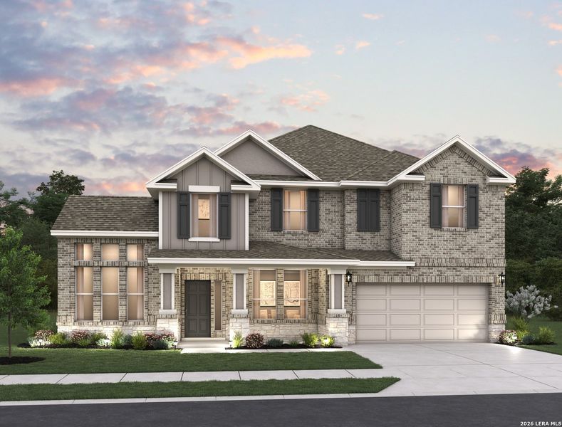 Front exterior of a new home in Saddlebrook Ranch, Schertz, TX, highlighting curb appeal (Image 1). Front exterior of a new home in Saddlebrook Ranch, Schertz, TX, highlighting curb appeal (Image 1).