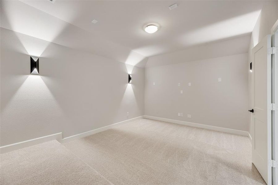 Bonus room with light carpet and baseboards