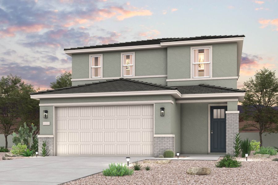 Twilight rendering of front of new home for sale in San Tan Valley, AZ at Skyline Village the Highlands Collection by Century Communities with 2 car garage. Twilight rendering of front of new home for sale in San Tan Valley, AZ at Skyline Village the Highlands Collection by Century Communities with 2 car garage.