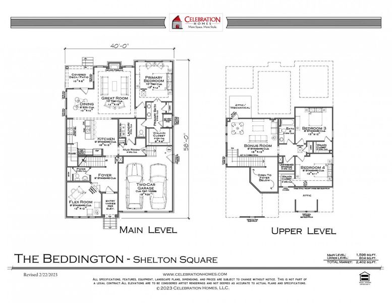 2D floor plan layout for the Beddington by Celebration Homes in Shelton Square, Murfreesboro, TN (Image 3).
