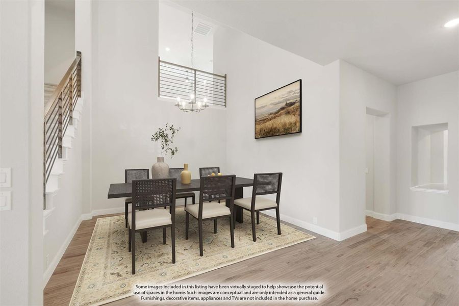 Dining room with dark wood table, six chairs, chandelier, and high ceilings above hardwood floors Dining room with dark wood table, six chairs, chandelier, and high ceilings above hardwood floors
