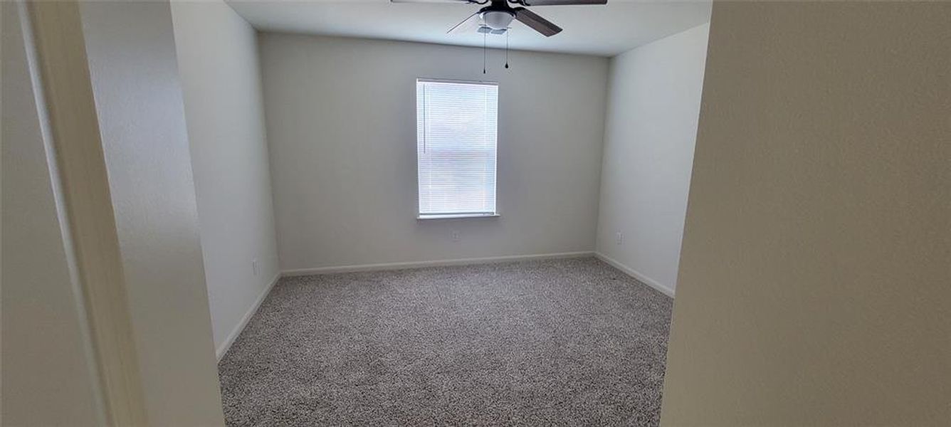 Carpeted spare room featuring ceiling fan and a wealth of natural light