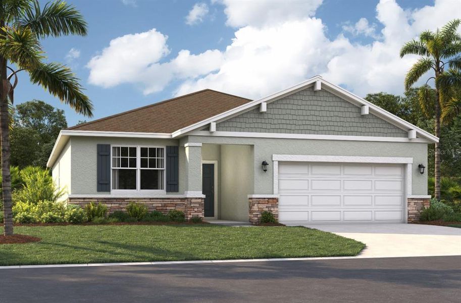 Front exterior of a new home in Covered Bridge at Liberty Bluff, Haines City, FL, highlighting curb appeal (Image 1).