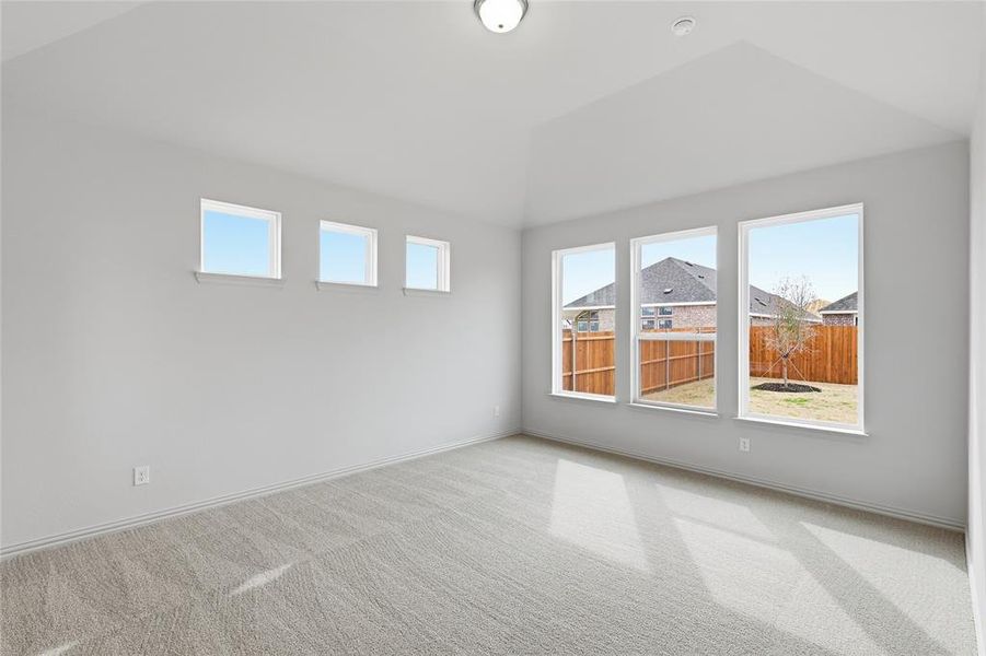 Empty room featuring light colored carpet, plenty of natural light, and lofted ceiling