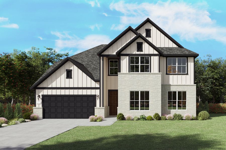 The Electra, a two-story new home design shown with home exterior HC 201 The Electra, a two-story new home design shown with home exterior HC 201