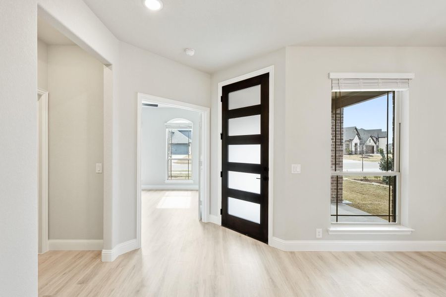 Bright home entryway with dark modern front door, frosted glass panels, and light hardwood floors Bright home entryway with dark modern front door, frosted glass panels, and light hardwood floors