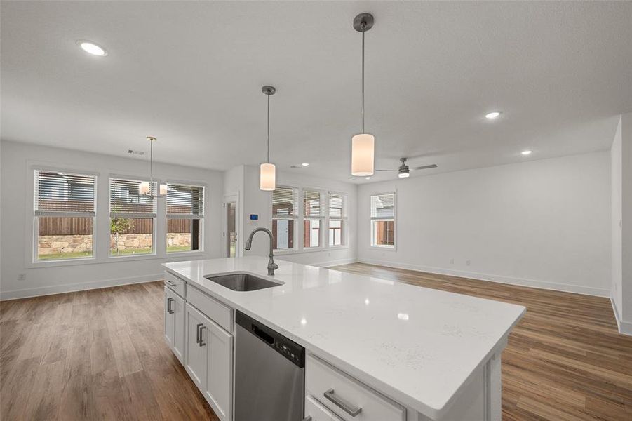 View from kitchen of dining and living area