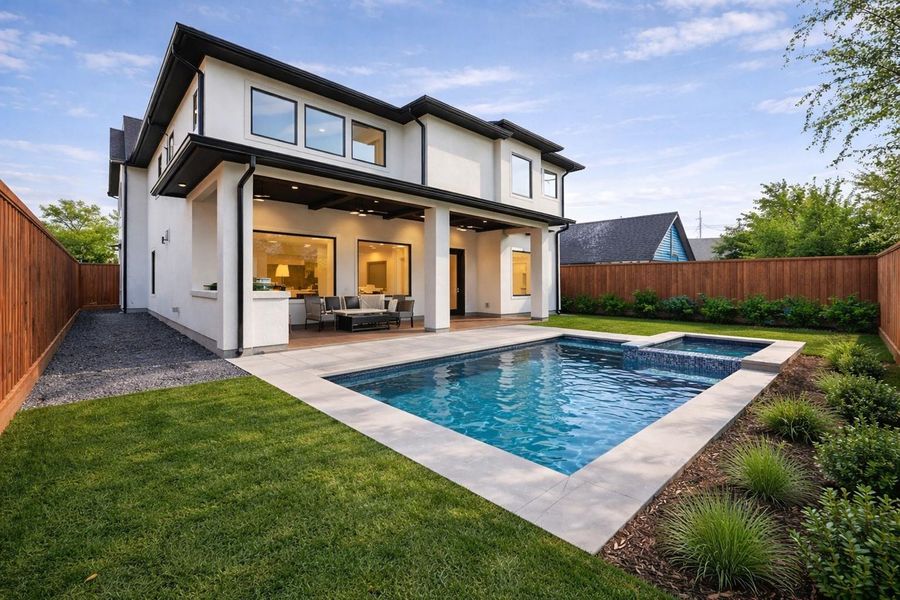 Shown as a rendering only, this pool design illustrates one of many ways the backyard could be transformed into a private outdoor retreat. Layout highlights how a future pool and spa could complement the covered patio and yard while maintaining generous green space for everyday use. Shown as a rendering only, this pool design illustrates one of many ways the backyard could be transformed into a private outdoor retreat. Layout highlights how a future pool and spa could complement the covered patio and yard while maintaining generous green space for everyday use.