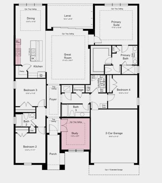 Additional Highlights Include: Tray ceiling at great room/dining room/primary suite/study, pocket sliding glass door at great room, 4' garage extension, gourmet kitchen, 8' interior doors, study in place of flex, outdoor kitchen rough-in, and whole house blinds.