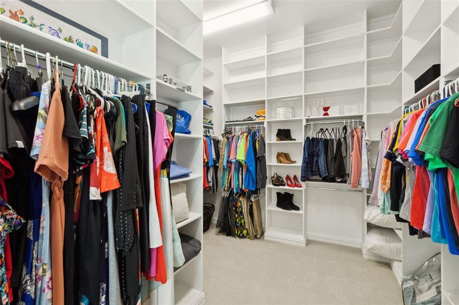 Walk in closet with light colored carpet