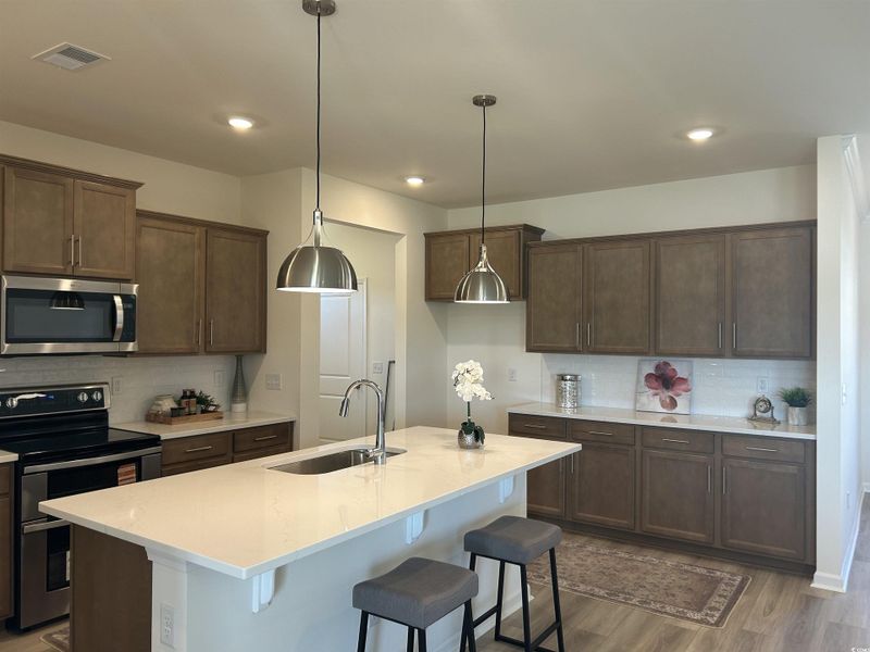Kitchen featuring tasteful backsplash, stainless steel appliances, dark wood-type flooring, dark brown cabinetry, and recessed lighting