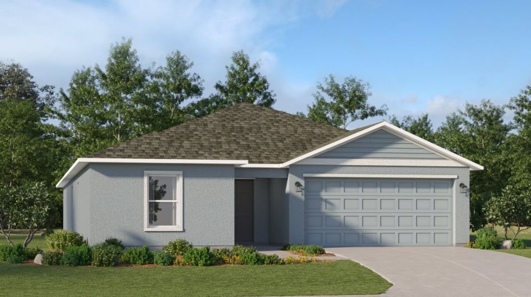 Front exterior of a new home in Savanna Lakes: Executive Homes, Lehigh Acres, FL, highlighting curb appeal (Image 1).