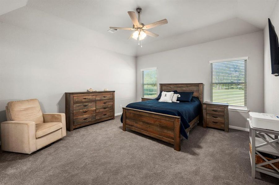 This tranquil primary suite features high tray ceiling and plush carpet. Split floor plan allows for privacy. Windows overlook your large back yard and green space.