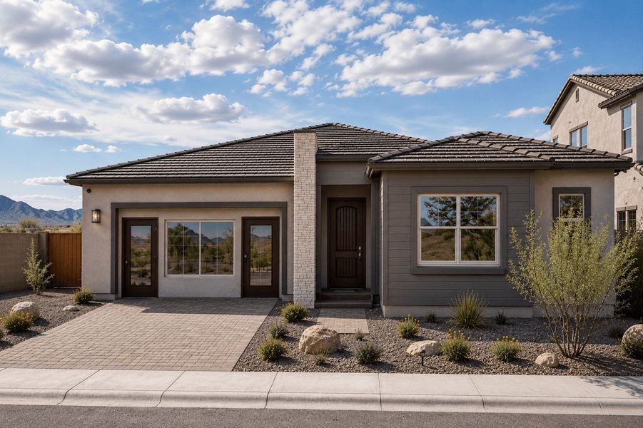 Representative exterior photo of a completed home built from the Juniper - El Cidro by William Ryan Homes in The Grove at El Cidro, Goodyear, AZ (Image 22). Representative exterior photo of a completed home built from the Juniper - El Cidro by William Ryan Homes in The Grove at El Cidro, Goodyear, AZ (Image 22).