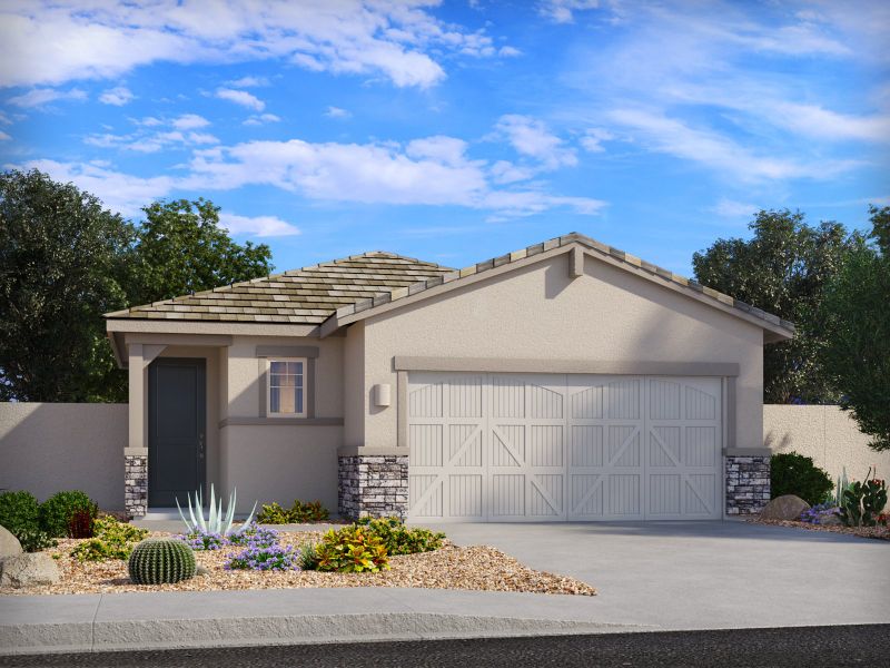 Representative exterior photo of a completed home built from the Onyx by Meritage Homes in Rincon Crest at Rocking K, Vail, AZ (Image 2). Representative exterior photo of a completed home built from the Onyx by Meritage Homes in Rincon Crest at Rocking K, Vail, AZ (Image 2).