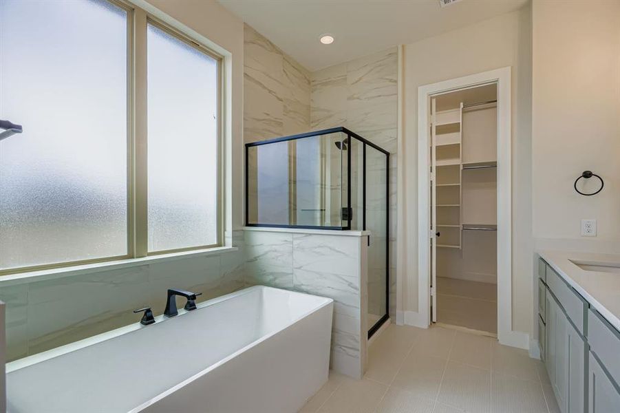Bathroom with a freestanding tub, a marble finish shower, vanity, a walk in closet, and light tile patterned flooring Bathroom with a freestanding tub, a marble finish shower, vanity, a walk in closet, and light tile patterned flooring