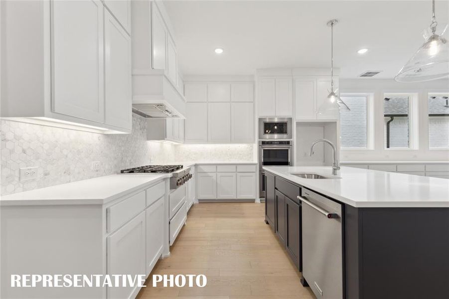 Beautiful cabinetry, gorgeous counter tops and designer backsplash paired with contemporary stainless steel come together to create the kitchen of your dreams!  REPRESENTATIVE PHOTO