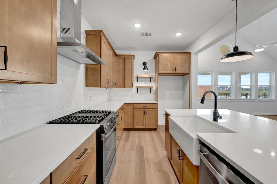Stylish kitchen with floating shelves and chestnut brown cabinets