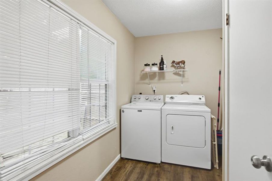 Dedicated laundry area featuring wood-finish flooring, a double window with blinds, and a wall-mounted wire shelf