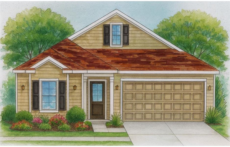 Exterior rendering of this home design in Fairway Pointe at West End, Newberry, FL (Image 2). Exterior rendering of this home design in Fairway Pointe at West End, Newberry, FL (Image 2).