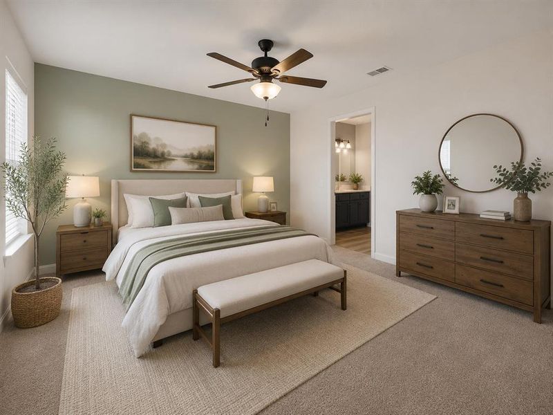 Carpeted room featuring a ceiling fan with integrated lighting, a window with horizontal blinds, and a doorway revealing a vanity with dark cabinetry
