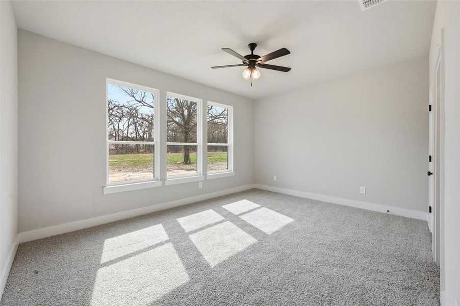 Unfurnished room featuring carpet floors and a ceiling fan