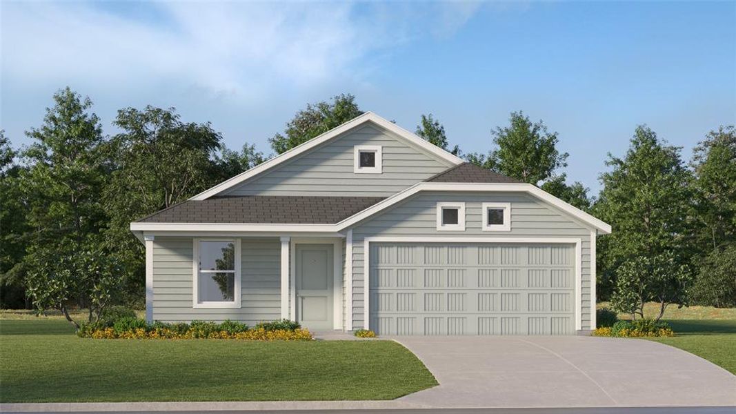 View of front of house with a front lawn and a garage