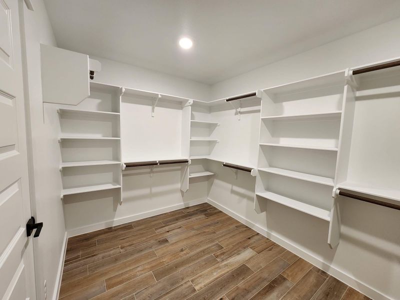 Walk in closet with dark wood-style floors