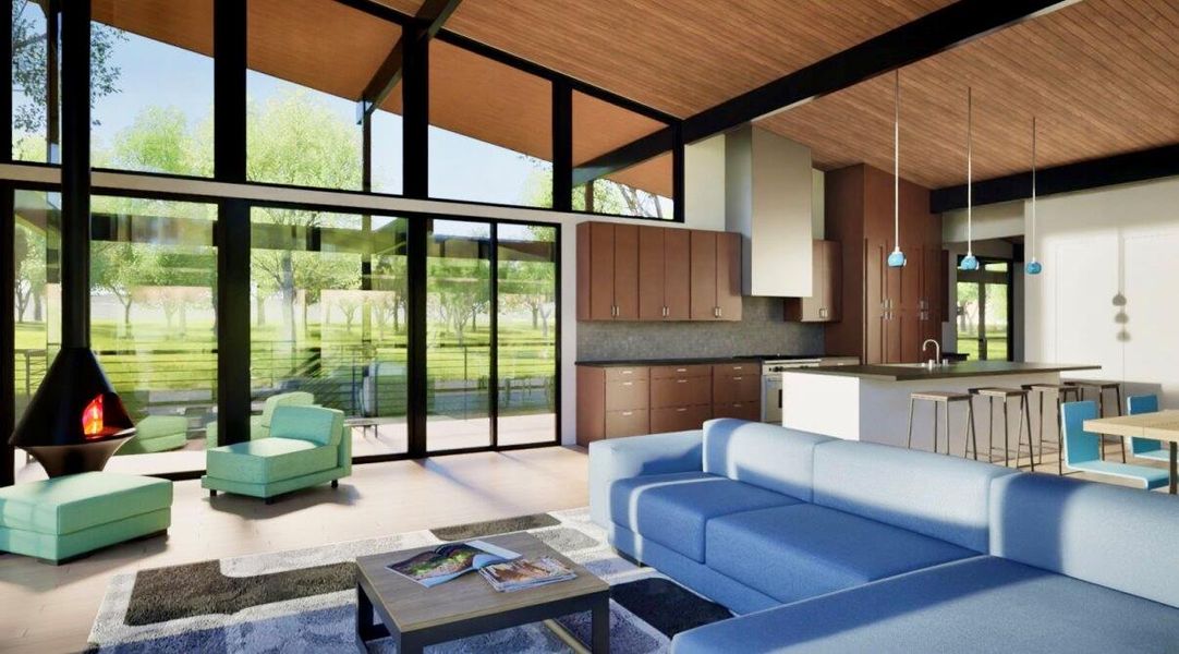 Living room with a wooden ceiling with exposed beams and high vaulted ceiling Living room with a wooden ceiling with exposed beams and high vaulted ceiling