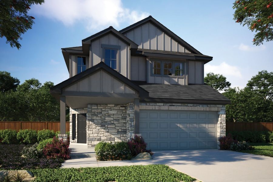 Front exterior of a new home in Porter Country, Buda, TX, highlighting curb appeal (Image 1). Front exterior of a new home in Porter Country, Buda, TX, highlighting curb appeal (Image 1).