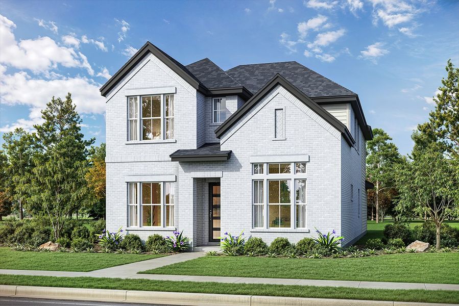 Representative exterior photo of a completed home built from the Calero by Landon Homes in Fields - East Village, Frisco, TX (Image 22). Representative exterior photo of a completed home built from the Calero by Landon Homes in Fields - East Village, Frisco, TX (Image 22).