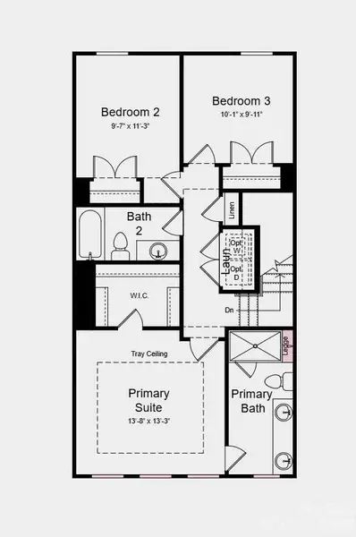 Upper Level Floor Plan - Additional Highlights Include: secondary bedroom with full bath in place of a flex room and a half bath and shower ledge in the primary bathroom Upper Level Floor Plan - Additional Highlights Include: secondary bedroom with full bath in place of a flex room and a half bath and shower ledge in the primary bathroom