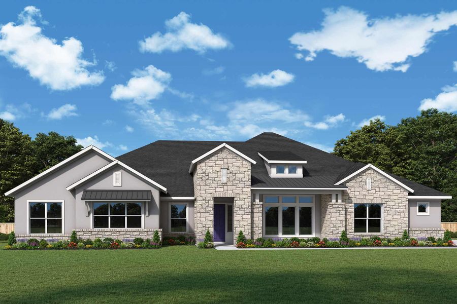 Front exterior of a new home in Leander Estates, Leander, TX, highlighting curb appeal (Image 22). Front exterior of a new home in Leander Estates, Leander, TX, highlighting curb appeal (Image 22).