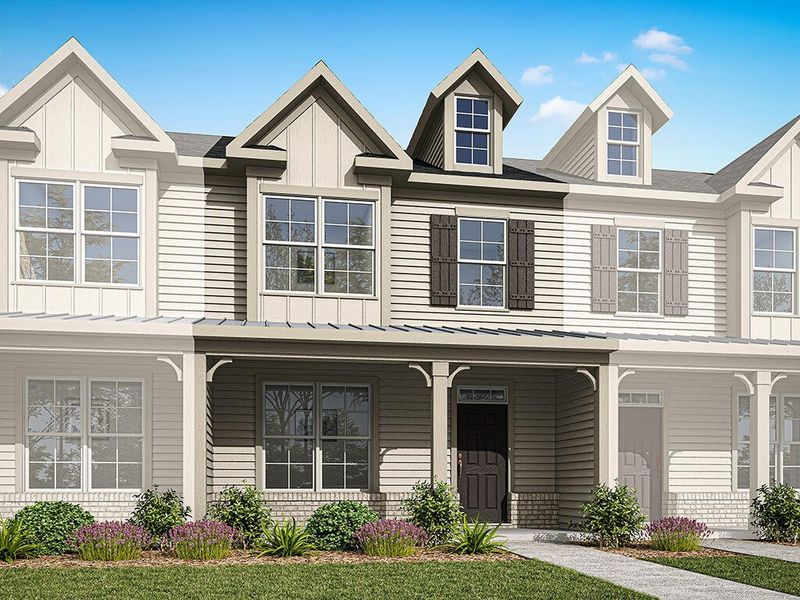 Front exterior of a new home in Lake Carolina Townhomes, Columbia, SC, highlighting curb appeal (Image 1).