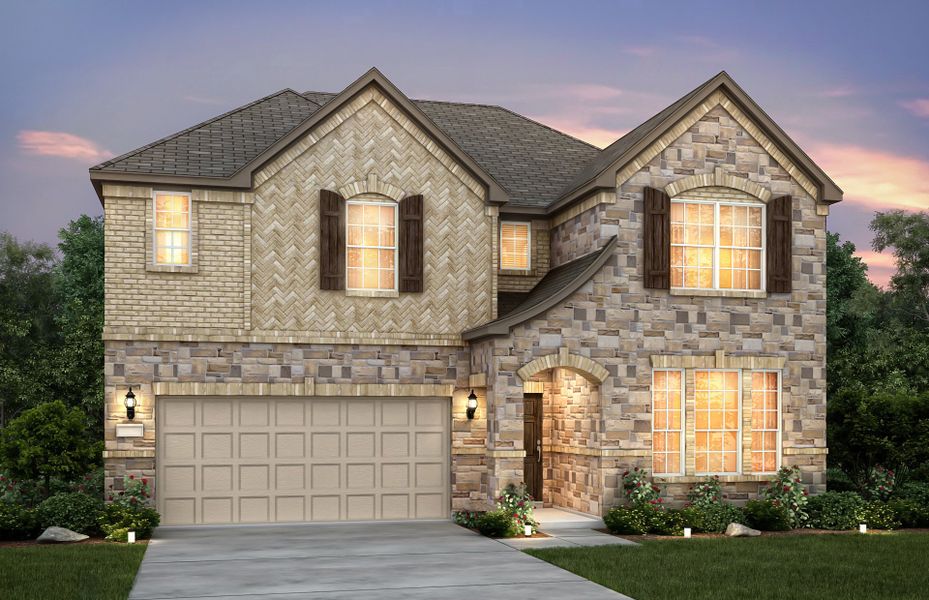 Exterior D with stone, shutters, and 2-car garage