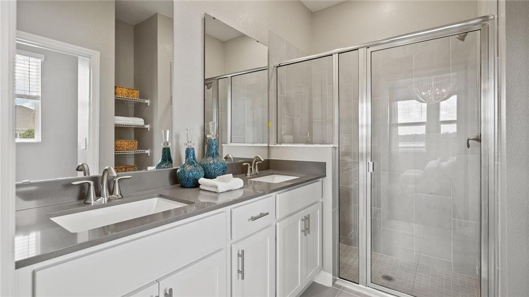 Full bathroom with double vanity and a stall shower Full bathroom with double vanity and a stall shower