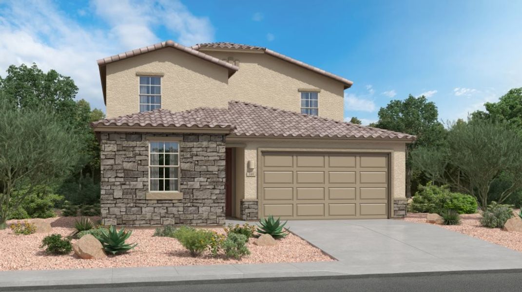 Front exterior of a new home in Sunstone at Gladden Farms: Destiny Collection, Marana, AZ, highlighting curb appeal (Image 1). Front exterior of a new home in Sunstone at Gladden Farms: Destiny Collection, Marana, AZ, highlighting curb appeal (Image 1).