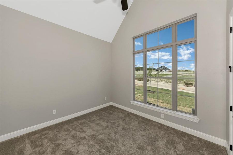 Spare room with dark colored carpet, high vaulted ceiling, and ceiling fan