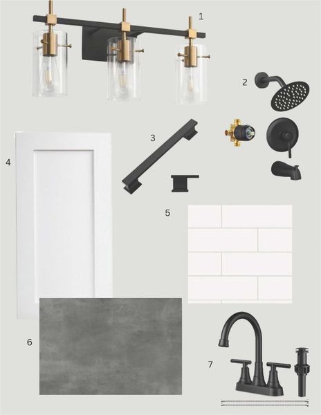 GUEST BATHROOM 1.Sottae 3-Light Matte Black and Gold Vanity Light 2.Shower fixture 3.Hardware 4.Cabinets 5.Soho - Canvas White Brick Mosaic tub surround 6.Electro Gris 12x24 floor tile 7.Vanity faucet