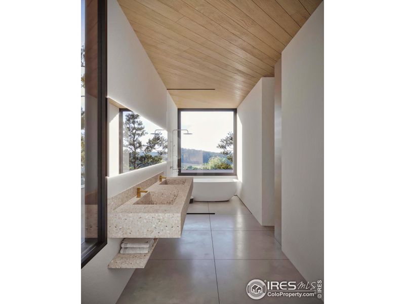 The en suite spa bathroom features a large wet room shower and freestanding soaking tub, a private water closet and a floating terrazzo double vanity.