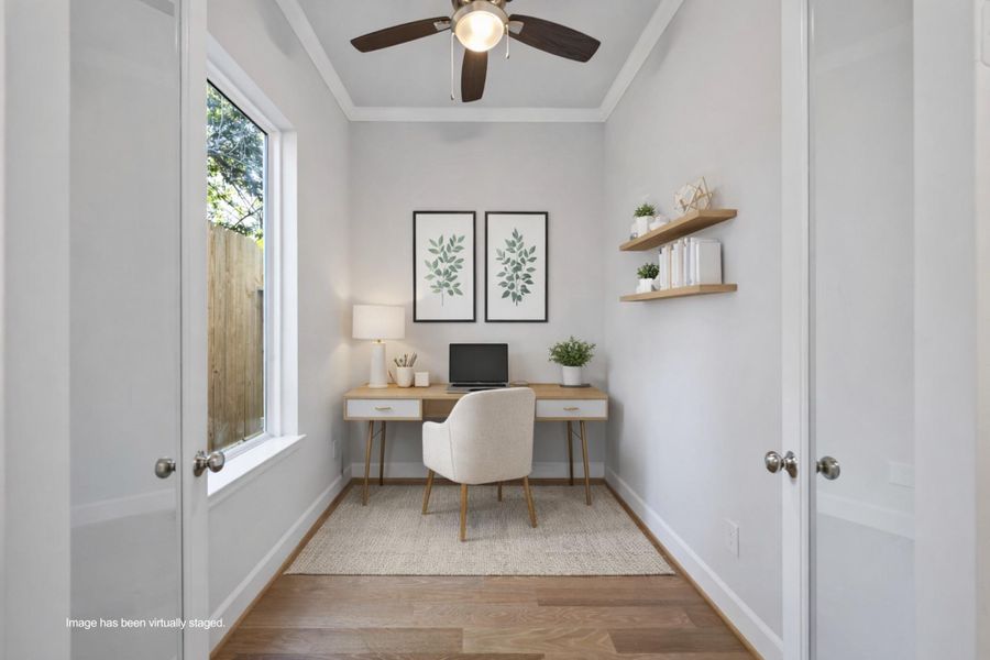 Close the French doors, open your laptop, and feel the focus set in. This tucked-away space is perfect for remote work, side hustles, or your dream reading and wellness nook.