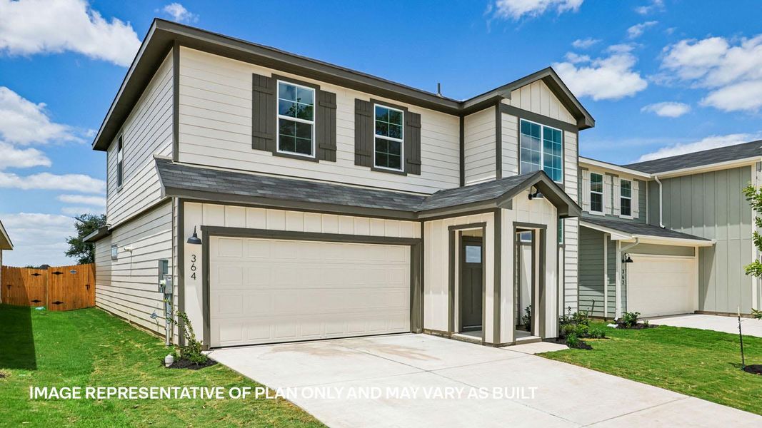 Representative exterior photo of a completed home built from the The Kendall by D.R. Horton in Valverde, Bastrop, TX (Image 19).