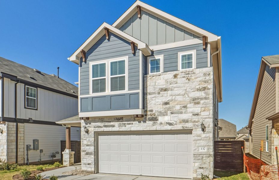 Front exterior of a new home in Horizon Lake, Leander, TX, highlighting curb appeal (Image 19).