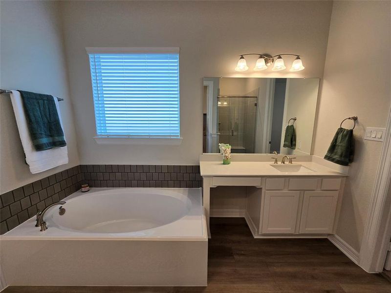 main bath has shower seperate tub & seperate vanities