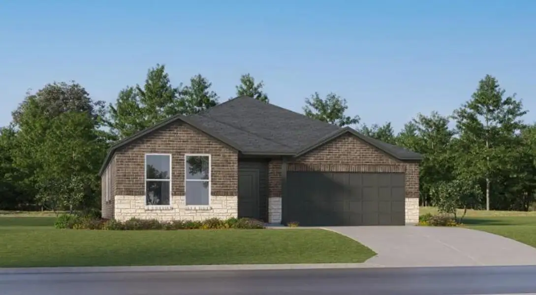 Front exterior of a new home in Emberly: Classic Collection, Beasley, TX, highlighting curb appeal (Image 1).