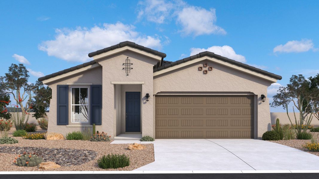Representative exterior photo of a completed home built from the Camellia by DRB Homes in Saguaro Hills at Vistancia, Peoria, AZ (Image 1). Representative exterior photo of a completed home built from the Camellia by DRB Homes in Saguaro Hills at Vistancia, Peoria, AZ (Image 1).