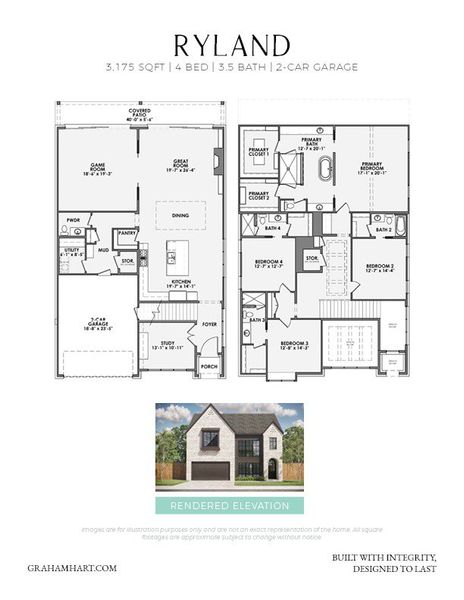 2D floor plan layout for the Ryland by Graham Hart Home Builder in Dove Station Luxury Series, Grapevine, TX (Image 2). 2D floor plan layout for the Ryland by Graham Hart Home Builder in Dove Station Luxury Series, Grapevine, TX (Image 2).